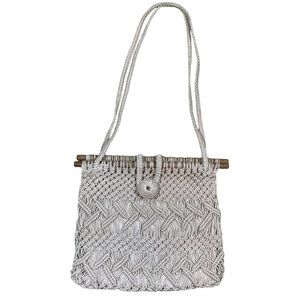 Vintage 1970s Ivory Macrame Crochet Shoulder Purse Bag Boho Hippie Wood Handles